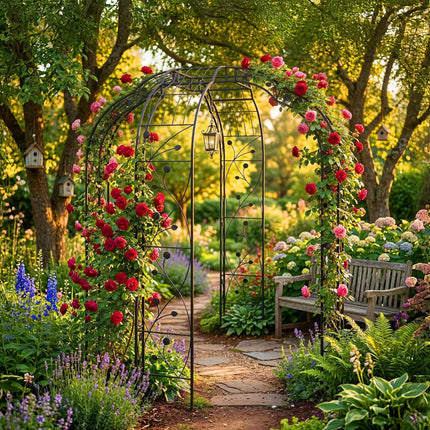 Metal Rose Arch, Black, Leaf And Flower Motif