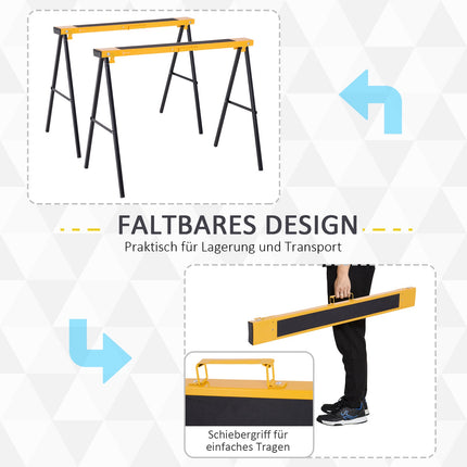 Metal Sawhorse Set, 250kg Capacity, Yellow, Foldable