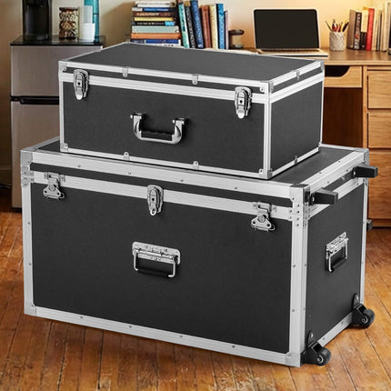 Metal Storage Trunks Set of 2, Locking, Casters, Black