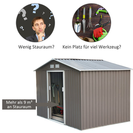 Metal garden tool shed with foundation, weatherproof, gray