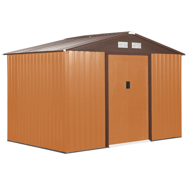 Weatherproof metal garden shed with foundation, yellow