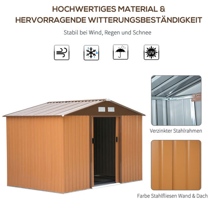 Weatherproof metal garden shed with foundation, yellow