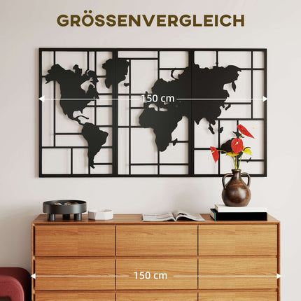 Metal Wall Art Set – 3-Piece World Map, 50x80 cm, Black