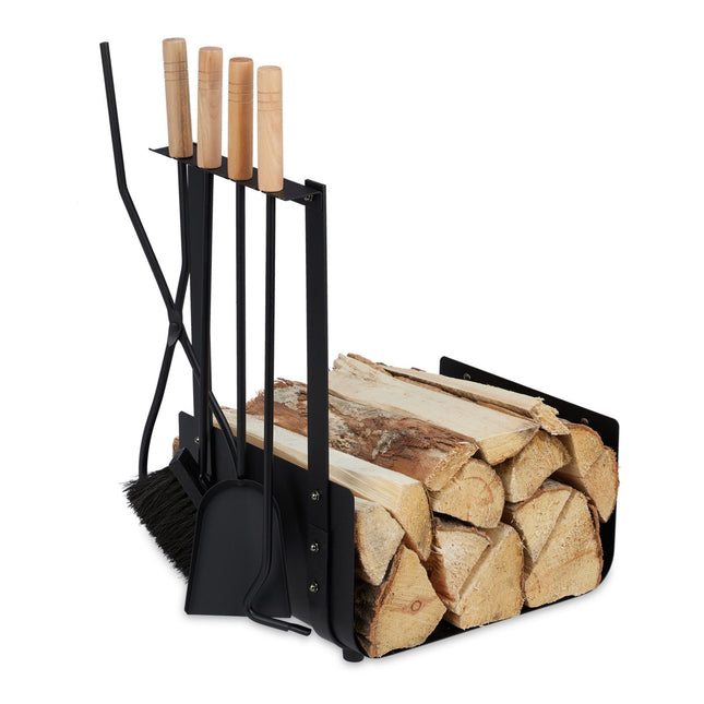 Metal firewood basket with stove tools