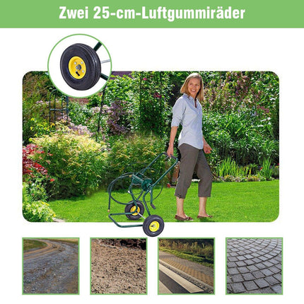 Metal hose trolley with 2 pneumatic tires & crank for 61M 3/4" hose garden hose trolley green