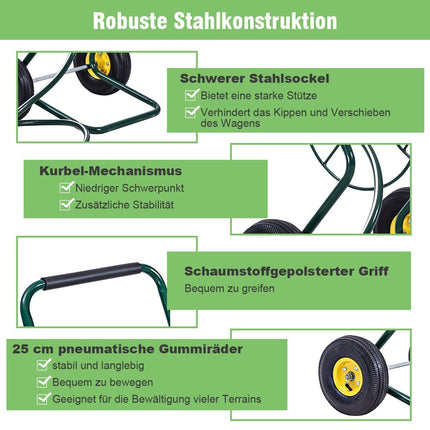 Metal hose trolley with 2 pneumatic tires & crank for 61M 3/4" hose garden hose trolley green