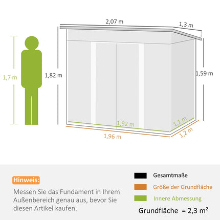 Metal tool shed 2.3 m² 207 x 130 x 182 cm with pent roof window floor frame green