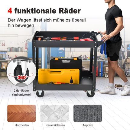 Metal workshop trolley with 2 levels and handle, multi-purpose trolley, black