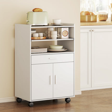 Microwave Cabinet with Drawer and Wheels, White