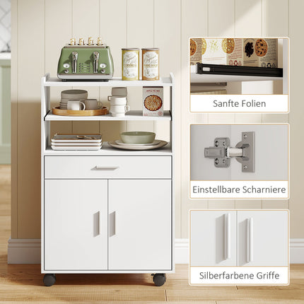 Microwave Cabinet with Drawer and Wheels, White
