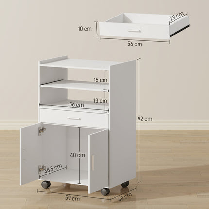 Microwave Cabinet with Drawer and Wheels, White