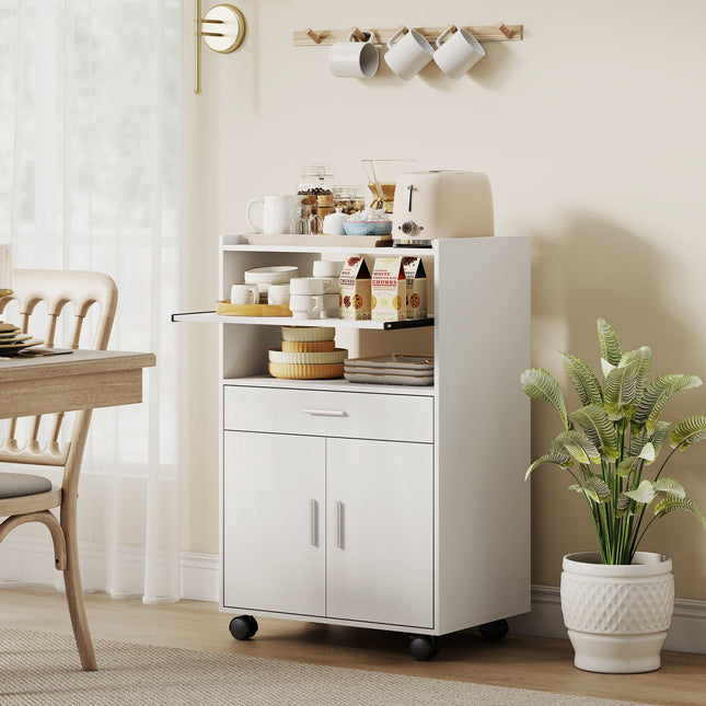 Microwave Cabinet with Drawer and Wheels, White