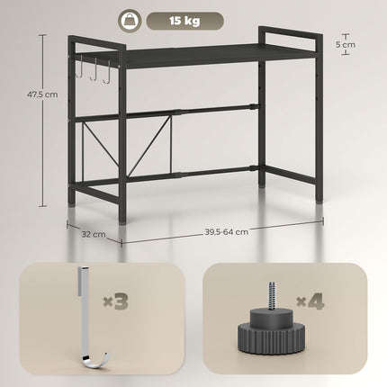 Microwave Shelf, Metal, Extendable, 3 Hooks, Black