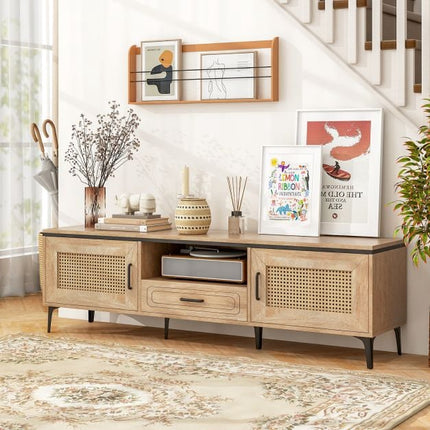 Mid-Century Modern TV Stand, Oak, 2 Cabinets, Drawer