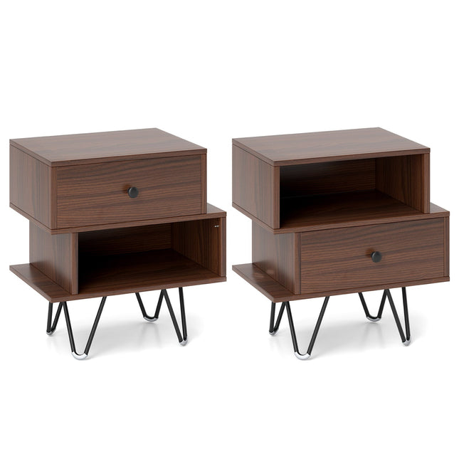 Mid-Century Nightstand Set with Drawer & Open Shelf