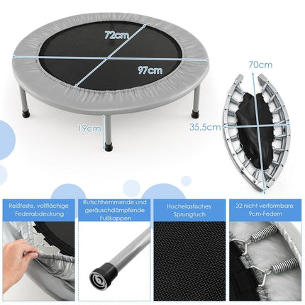 Mini Fitness Trampoline, Foldable, 97cm, 150kg Capacity, Grey