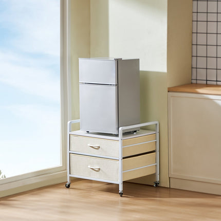 Mini Fridge Stand with 2 Drawers and Wheels, White