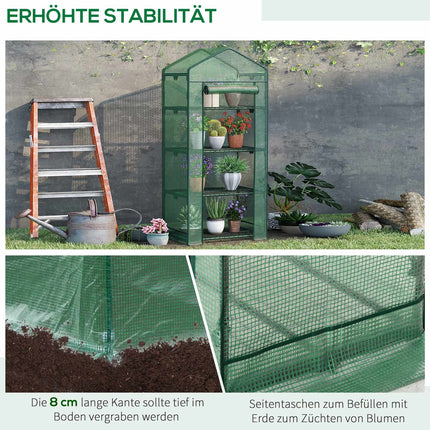 Mini greenhouse with foil cover, roller door, 4 shelves