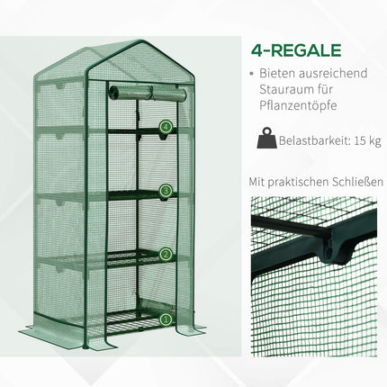 Mini greenhouse with foil cover, roller door, 4 shelves