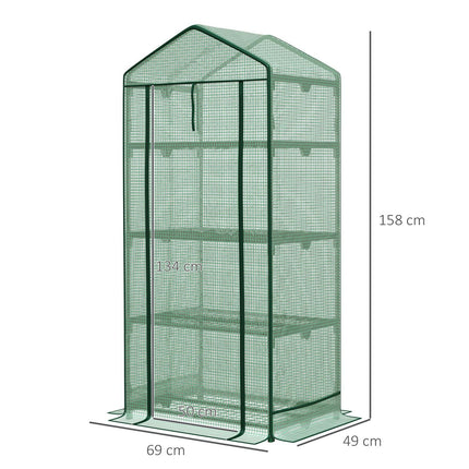 Mini greenhouse with foil cover, roller door, 4 shelves