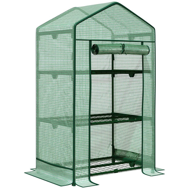 Mini greenhouse with foil cover, 3 shelves, roller door