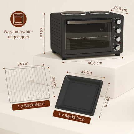 28L mini oven, 2600W, 60-min timer, double heating plates