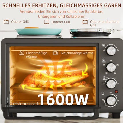 28L mini oven, 2600W, 60-min timer, double heating plates