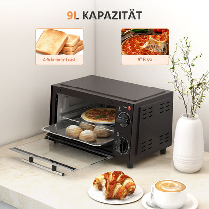 9L stainless steel mini oven, 750W, adjustable timer
