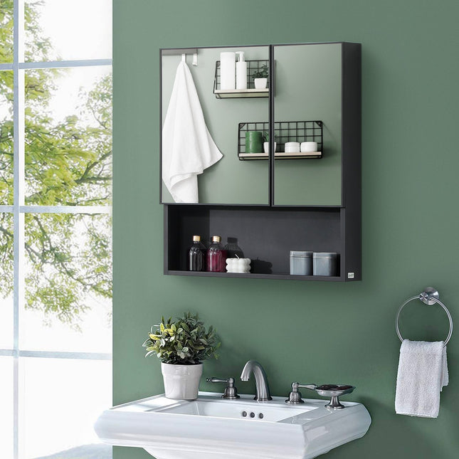 Black bathroom mirror cabinet, 5-tier double door, 60x13.5x70cm