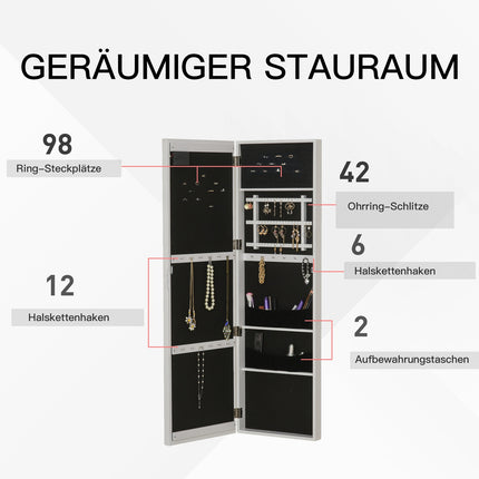 LED Mirror Jewelry Cabinet, Door Mount, 36.6""x8""x120"" White
