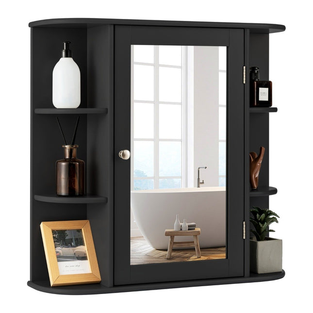 Mirror cabinet bathroom 4 compartments & 6 open shelves bathroom cabinet with mirror 66 x 17 x 63 cm black