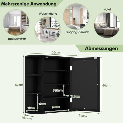 Mirror cabinet bathroom 4 compartments & 6 open shelves bathroom cabinet with mirror 66 x 17 x 63 cm black