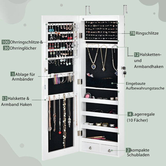 Mirrored Jewelry Cabinet Lockable Wall/Door Mounted 36 x 10 x 108 cm White
