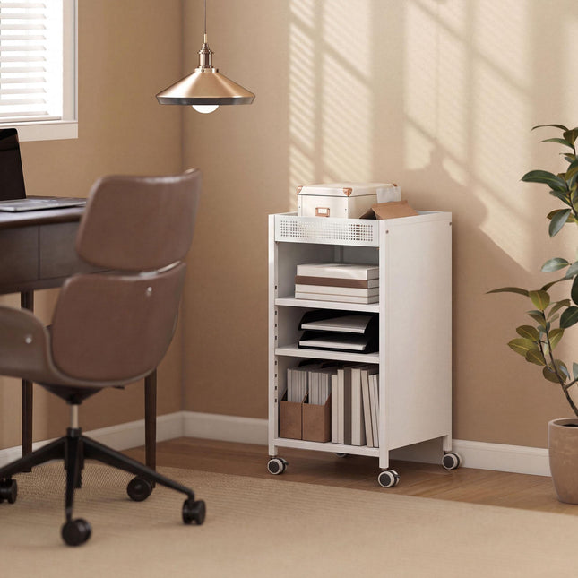 Mobile Bookshelf with Adjustable Shelves, 3-Tier Cart, White