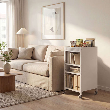 Mobile Bookshelf with Adjustable Shelves, 3-Tier Cart, White