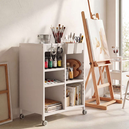 Mobile Bookshelf with Adjustable Shelves & Baskets, White