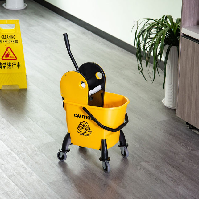 Yellow mobile bucket cleaning trolley, 26L, with turning device