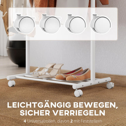 Mobile Clothes Rack with Rod, 5 Hooks, Shoe Shelf, White