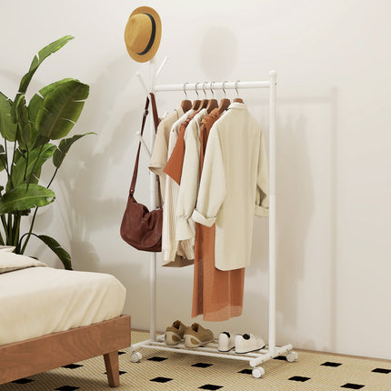 Mobile Clothes Rack with Rod, 5 Hooks, Shoe Shelf, White