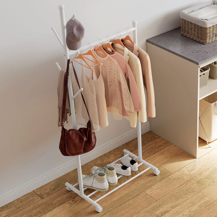 Mobile Clothes Rack with Rod, 5 Hooks, Shoe Shelf, White