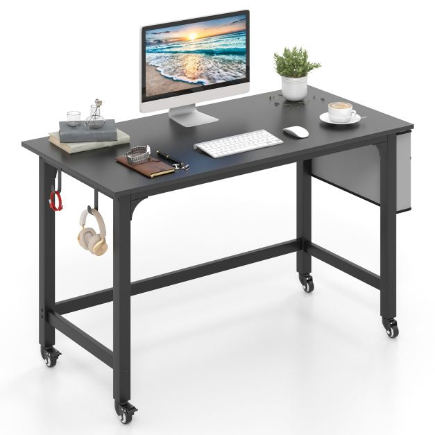 Mobile Computer Desk 120cm – Storage Bag, Hooks, Black