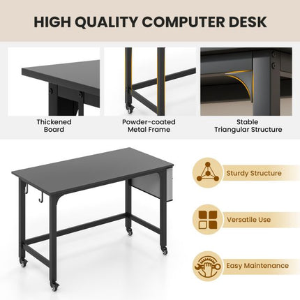 Mobile Computer Desk 120cm – Storage Bag, Hooks, Black