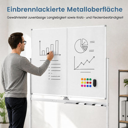 Mobile Double-Sided Magnetic Whiteboard with Wheels, 120x90 cm