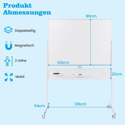 Mobile Double-Sided Whiteboard 120x90 cm with Stand & Wheels