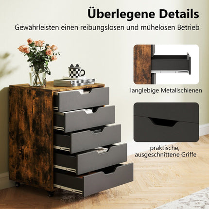 Mobile File Cabinet with 5 Drawers, Brown Wood, Rolling