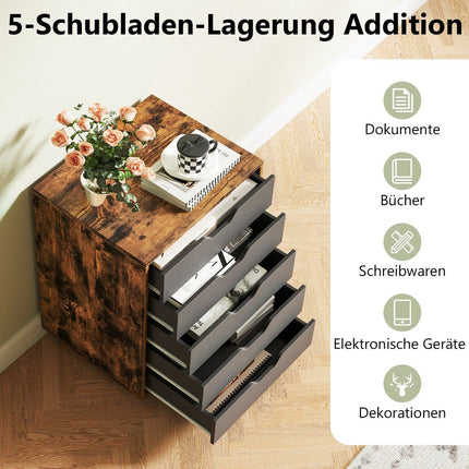 Mobile File Cabinet with 5 Drawers, Brown Wood, Rolling