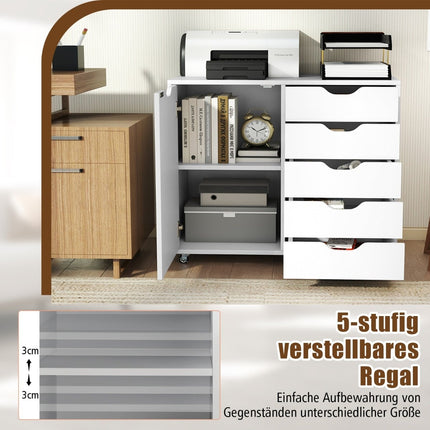 Mobile File Cabinet with 5 Drawers & Door, White