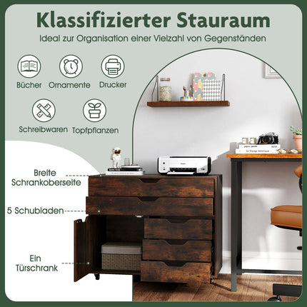 Mobile File Cabinet with 5 Drawers and Cabinet – Brown