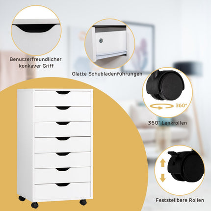 Mobile File Cabinet with 7 Drawers, Lockable Wheels, White