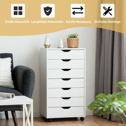 Mobile File Cabinet with 7 Drawers, Lockable Wheels, White